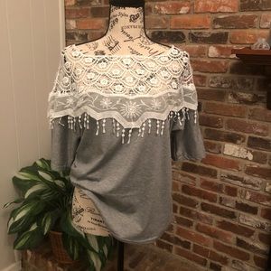 Ladies tee with crochet detail.
